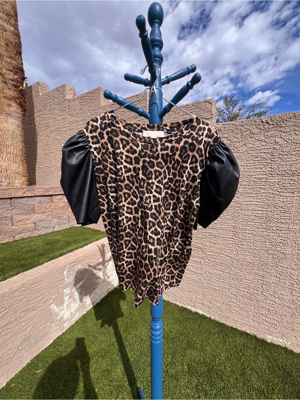 Leopard Print Puff-Sleeve Top with Faux Leather Sleeves - Brown/Black